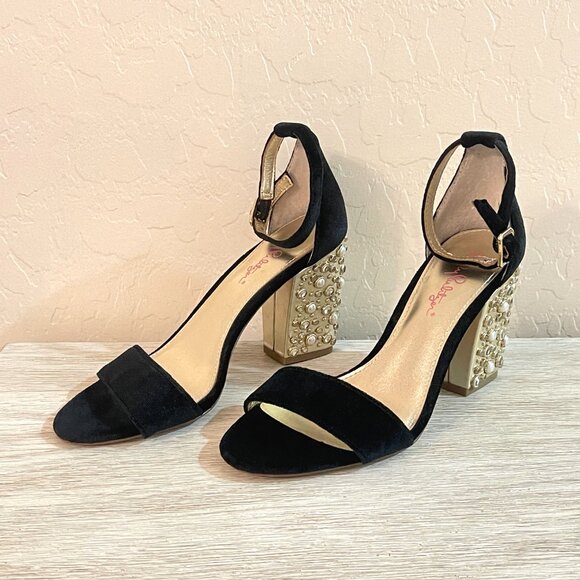 Lilly Pulitzer Sandals Amber Lynn Onyx Black Velvet Gold Pearl Crystal Heel - Picture 1 of 15